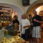 Shopping for goodies of pecorino cheese, bread and wine.  