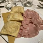 Gnocco fritto (fried bread) and mortadella (boloney).  A perfect meal for me.  