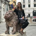 Nancy with a very friendly lion in Venice.